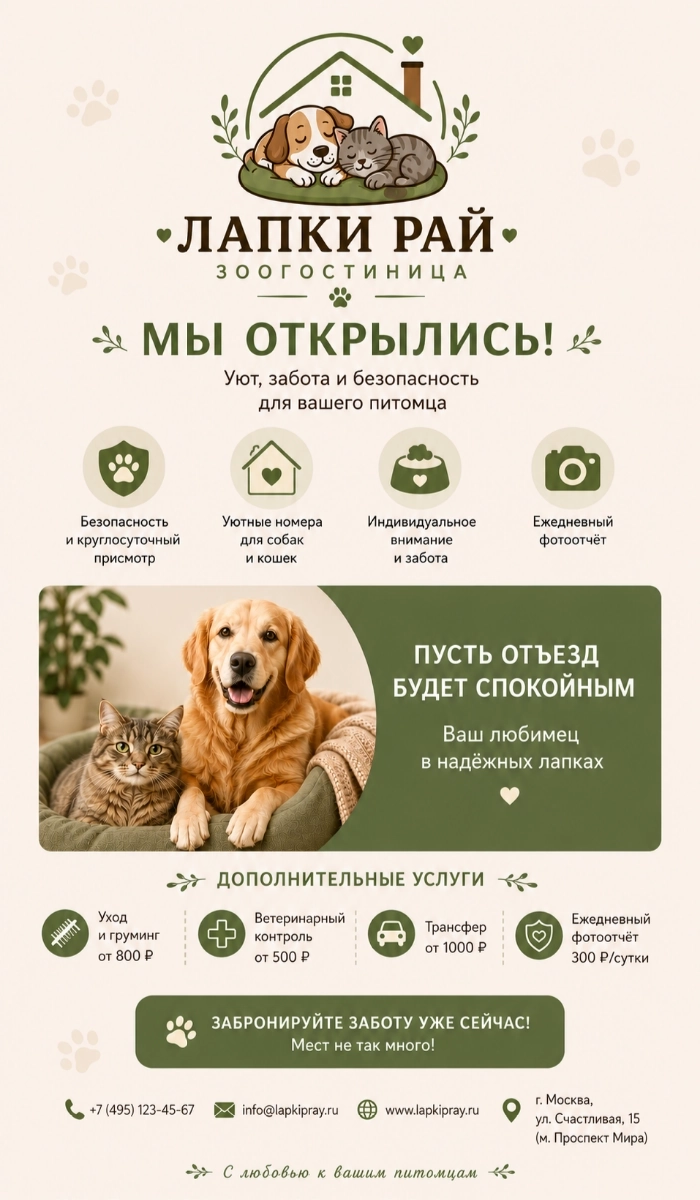 Пример e-mail письма об открытии зоогостиницы, сгенерированный нейросетью