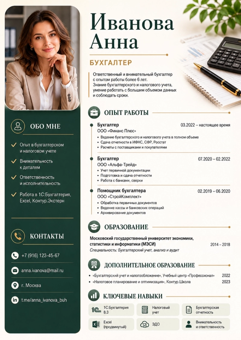 Пример резюме бухгалтера, сгенерированный нейросетью