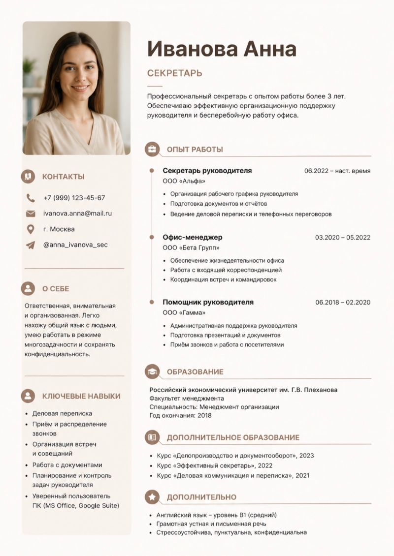Пример резюме секретаря, сгенерированный нейросетью
