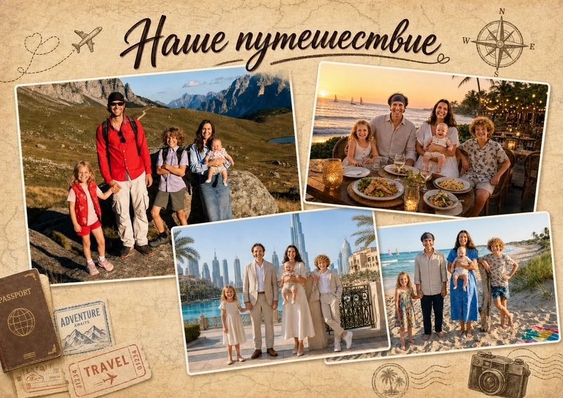 Пример коллажа из 4 фото на тему Путешествие, сгенерированный нейросетью