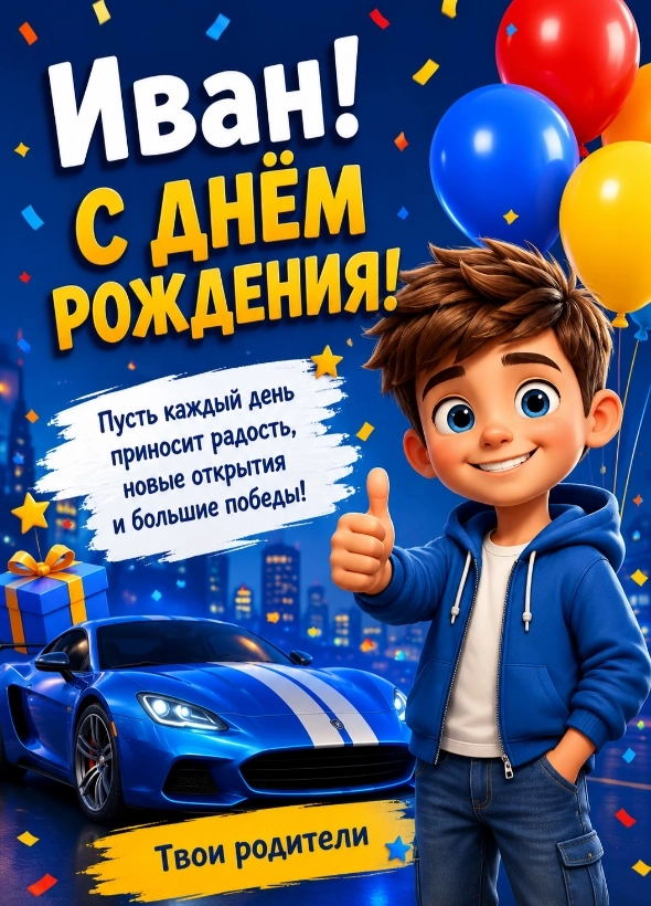 Пример открытки для мальчика, сгенерированный нейросетью