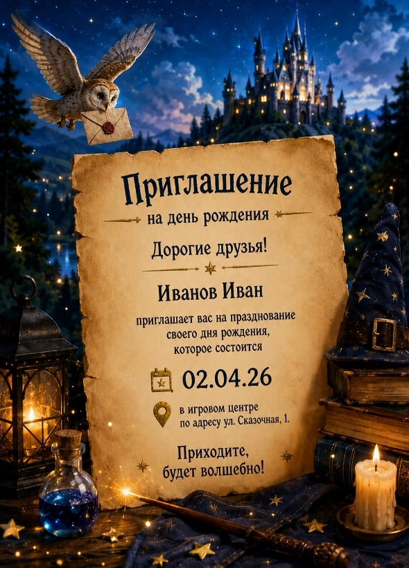 Пример приглашения на День Рождения, сгенерированный нейросетью