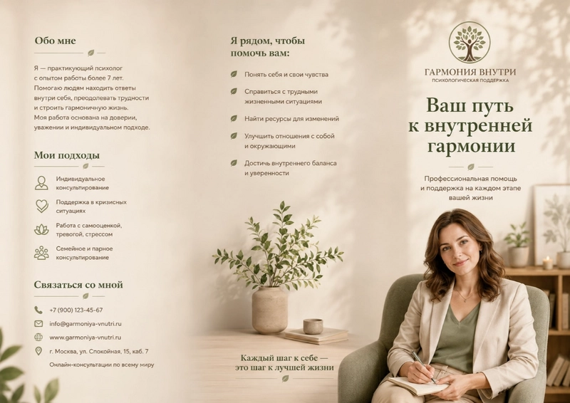 Пример буклета частного психолога, сгенерированный нейросетью