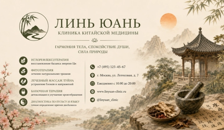 Пример визитки клиники китайской медицины, сгенерированный нейросетью