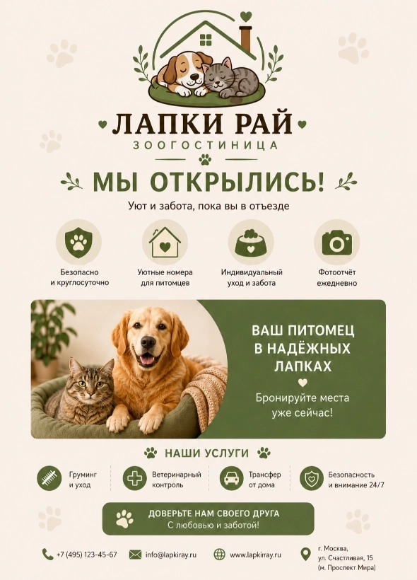 Пример листовки для зоогостиницы, сгенерированный нейросетью