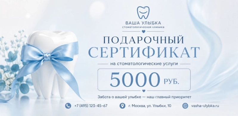 Пример флаера-подарочного сертификата на стоматологические услуги, сгенерированный нейросетью