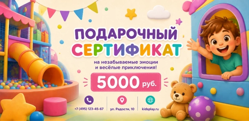 Пример подарочного сертификата в игровую комнату, сгенерированный нейросетью