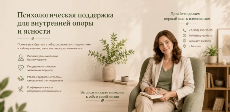 Пример рекламного флаера частного психолога, сгенерированный нейросетью