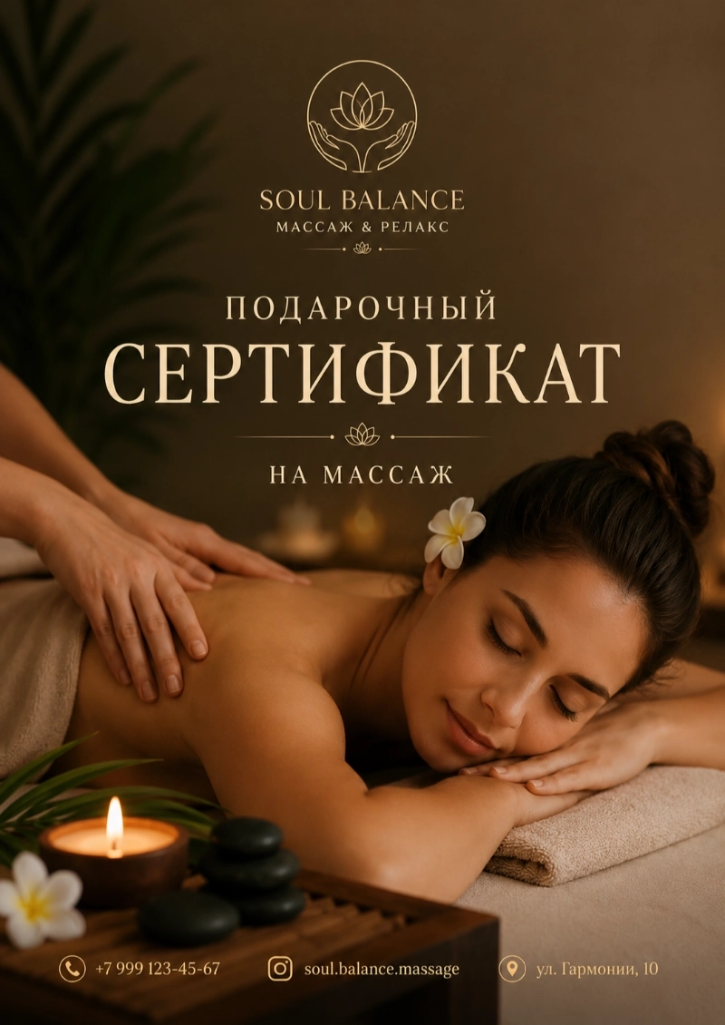 Пример подарочного сертификата на массаж, сгенерированный нейросетью