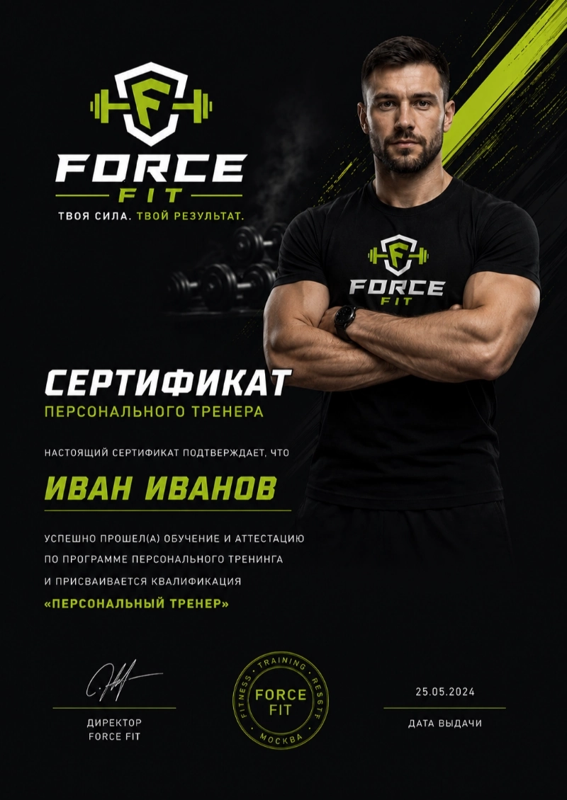 Пример сертификата фитнес-тренера, сгенерированный нейросетью