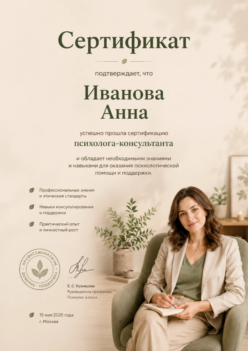 Пример сертификата психолога, сгенерированный нейросетью