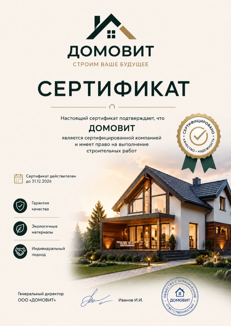 Пример сертификата строительной компании, сгенерированный нейросетью