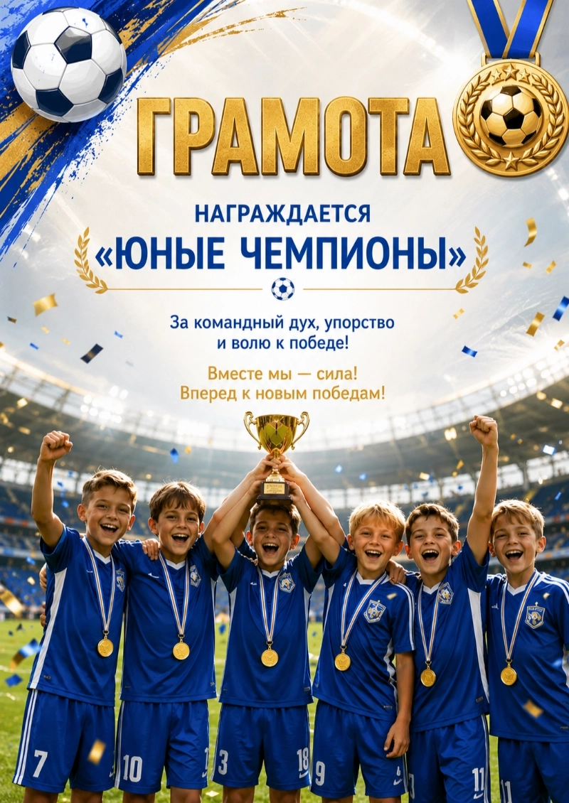 Пример грамоты для детской команды по футболу, сгенерированный нейросетью