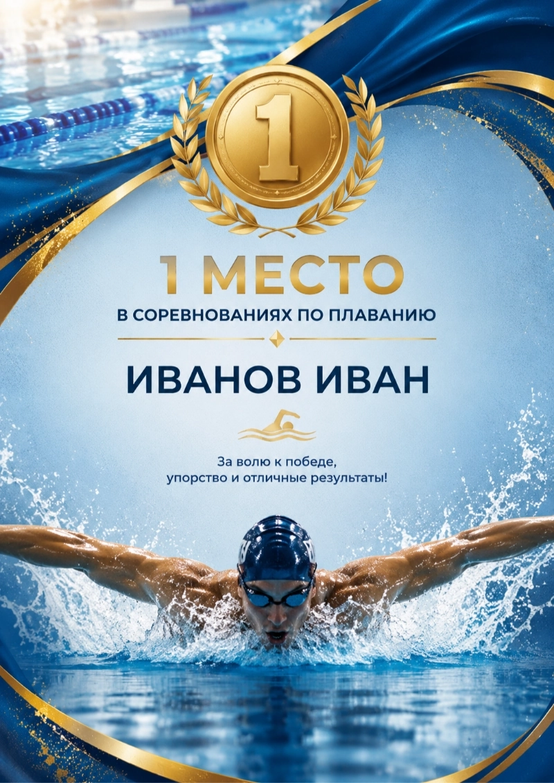 Пример грамоты за первое место по плаванию, сгенерированный нейросетью