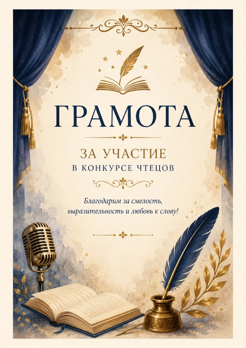 Пример грамоты за участие в конкурсе чтецов, сгенерированный нейросетью