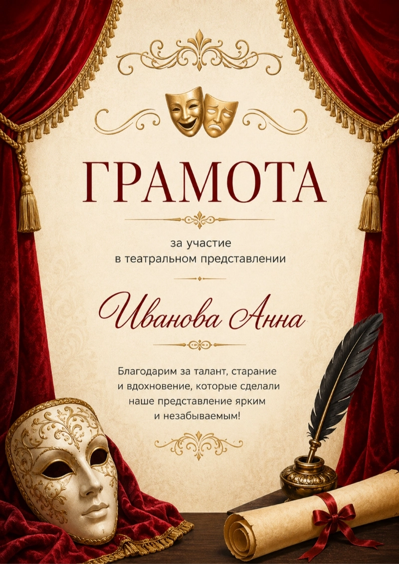 Пример грамоты за участие в театральной постановке, сгенерированный нейросетью