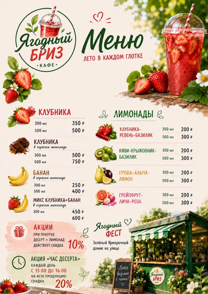 Пример меню для летнего кафе, сгенерированный нейросетью