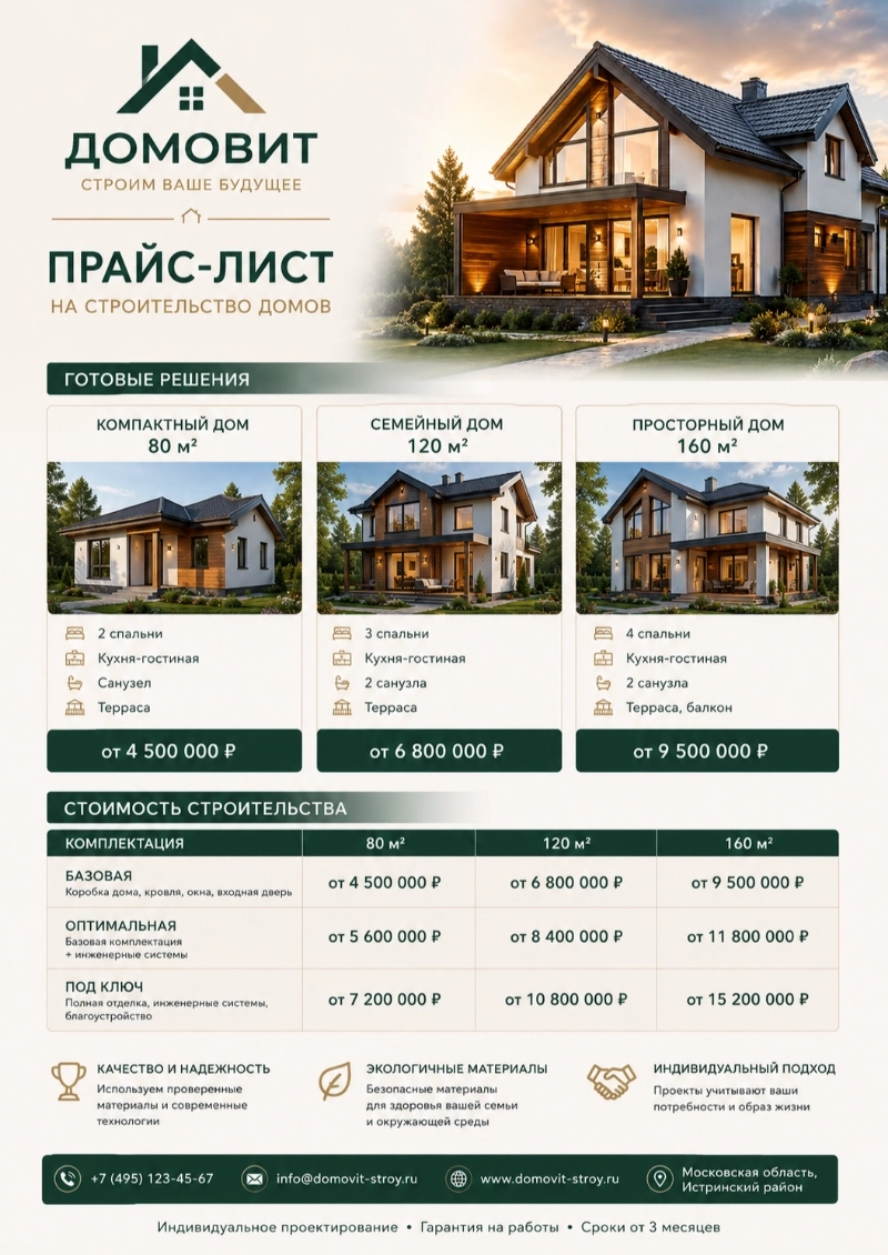 Пример прайс-листа на строительство домов, сгенерированный нейросетью