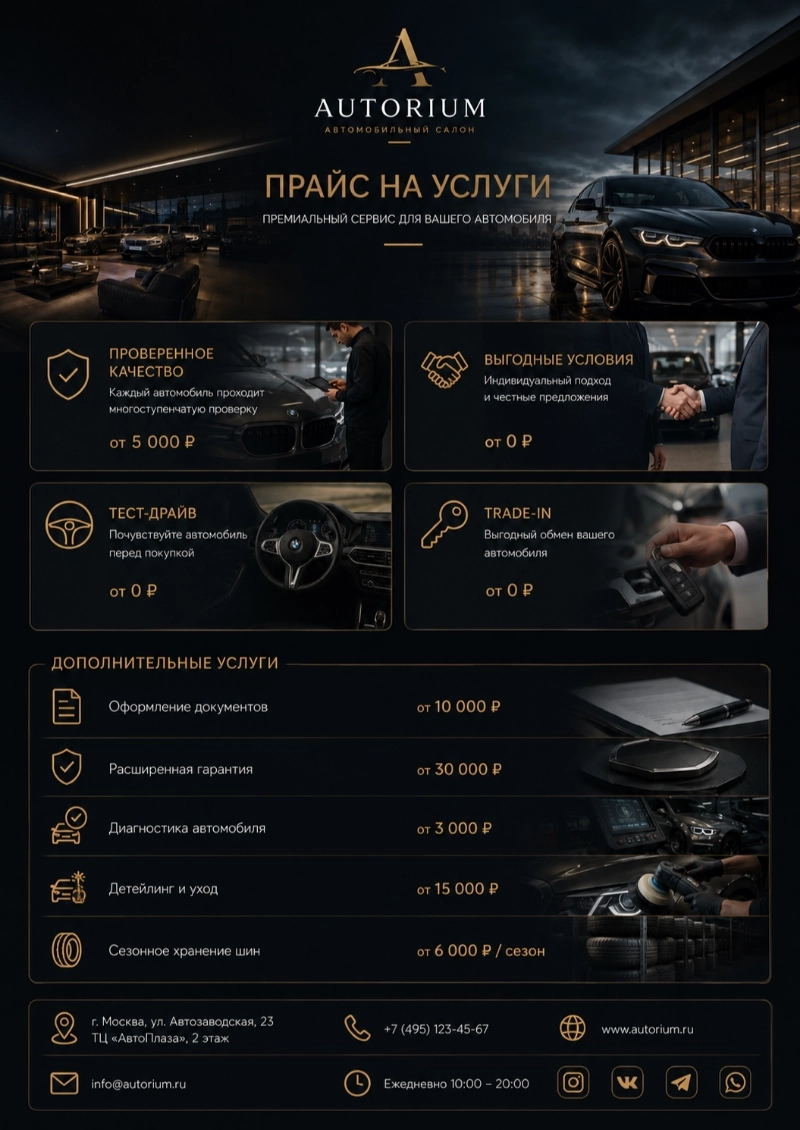 Пример прайс-листа на услуги автосалона, сгенерированный нейросетью