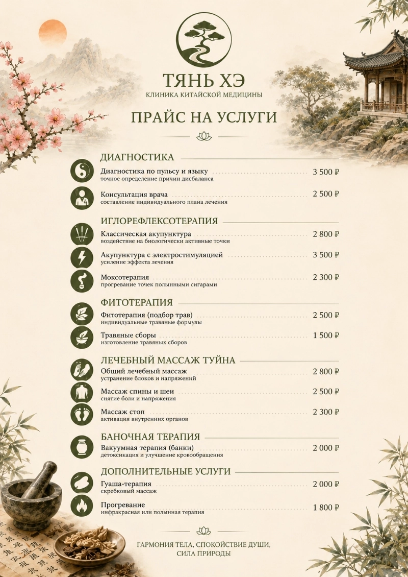 Пример прайса клиники китайской медицины, сгенерированный нейросетью