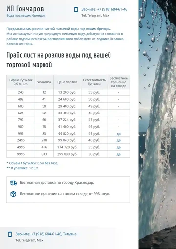 Пример прайс-листа на розлив воды под ТМ
