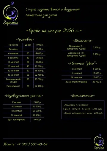 Пример прайс-листа студии художественной гимнастики